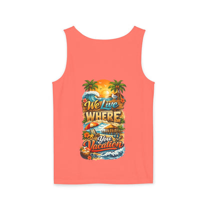 Vacation Beach Tank Top – “We Live Where You Vacation” Tropical Sunset Tank
