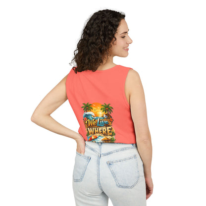 Vacation Beach Tank Top – “We Live Where You Vacation” Tropical Sunset Tank